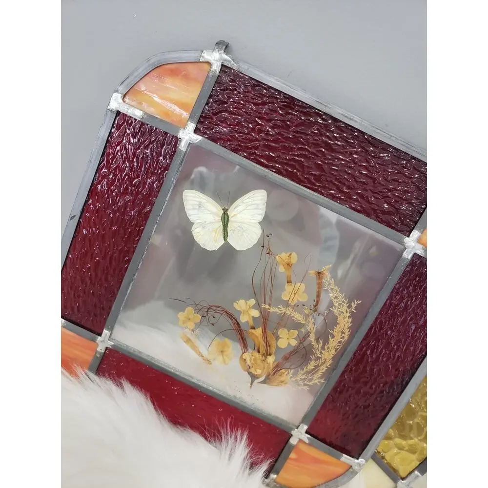 Vintage Real Butterfly Dried Pressed Flower Stained Glass Sun Catcher Decor Boho